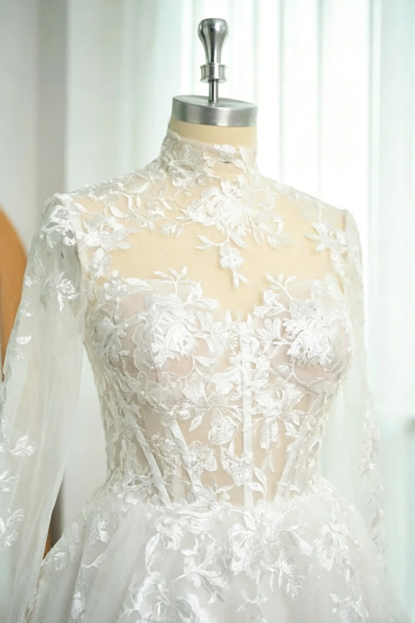 Dreamy Little White A-Line High Illusion Neck Long Sleeves Lace Wedding Dresses