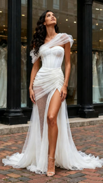 Trumpet Satin Sexy Sweetheart Tulle Ruched Wedding Dress with Side Slit