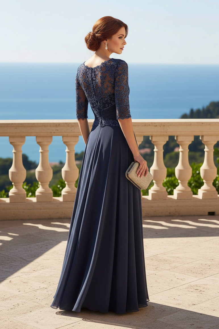 Solid Bateau Lace Applique Long A-Line Mother of the Bride/Groom Dress