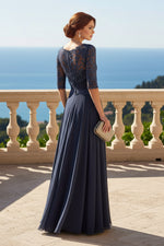Solid Bateau Lace Applique Long A-Line Mother of the Bride/Groom Dress