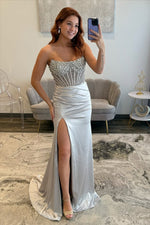 Charming Mermaid Sweetheart Silver Satin Prom Dress with Beading