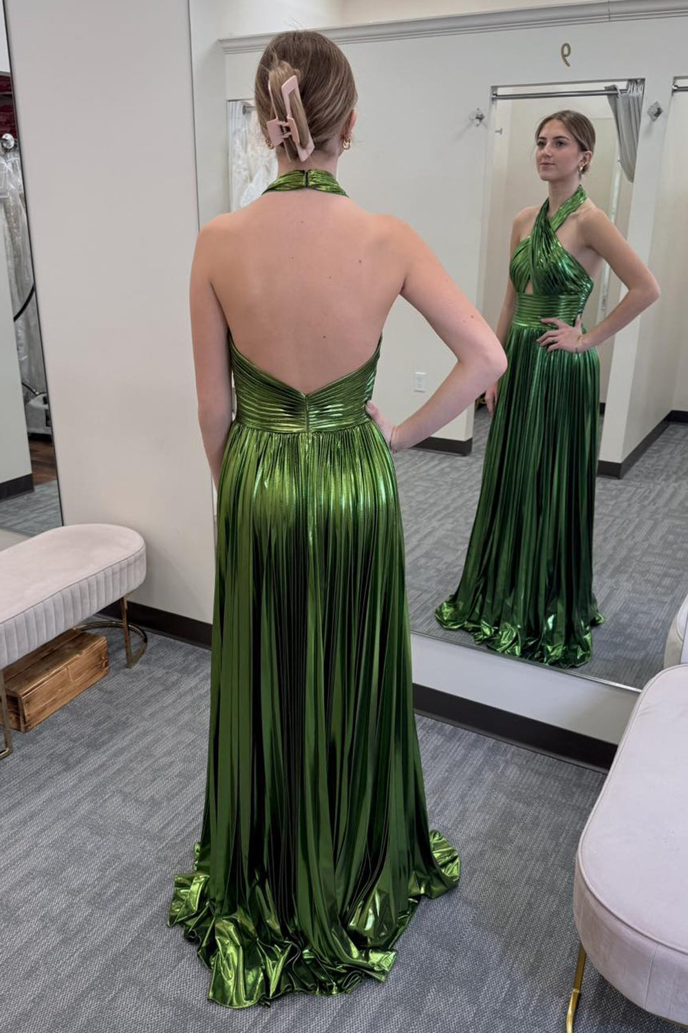 Cute A Line Halter Green Metal Satin Pleat Prom Dress
