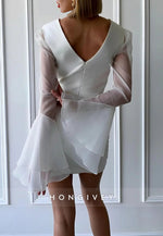 Bell Sleeves V Neck Sheath V Back Wedding Dresses with Ruffles