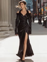 Black Off-Shoulder Satin Wrap Evening Dress With High Slit