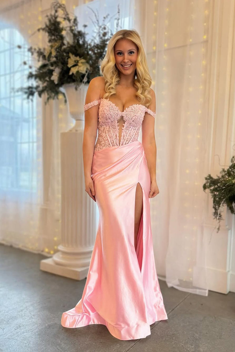 Charming Mermaid Off the Shoulder Blush Satin Prom Dress with Appliques