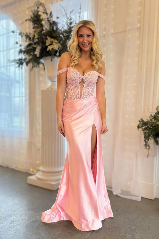 Charming Mermaid Off the Shoulder Blush Satin Prom Dress with Appliques