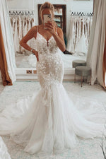 Boho Mermaid V Neck Tulle Lace Long Wedding Dresses with Appliques