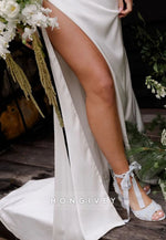 One Shoulder High Slit Satin Pleated Sweep Train Wedding Dresses