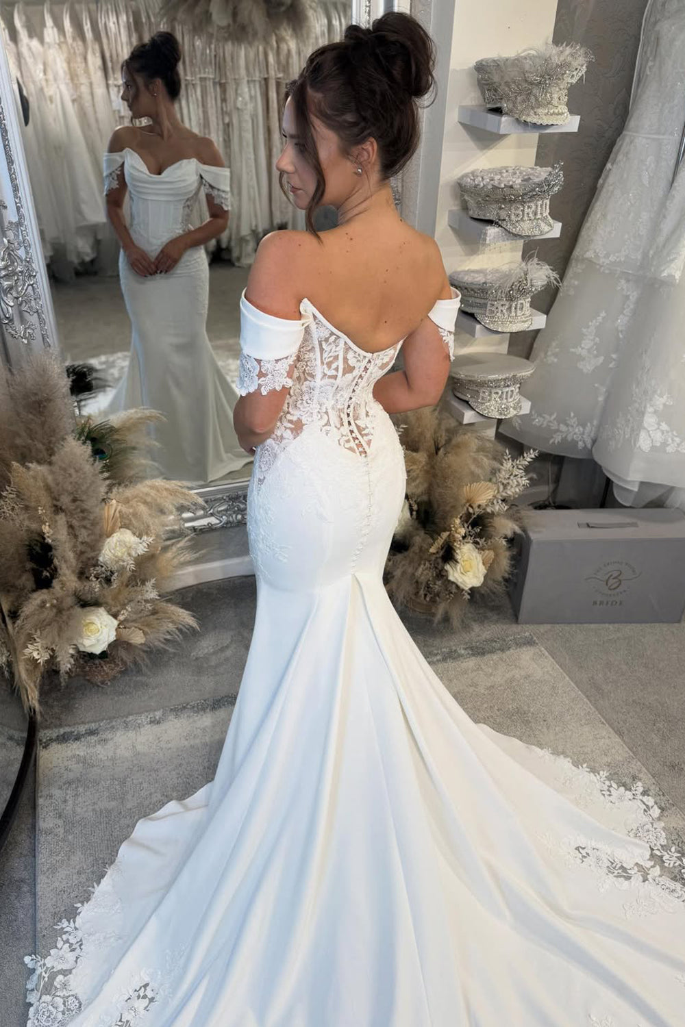 Elegant Mermaid Off the Shoulder Elastic Satin Wedding Dress with Appliques