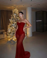 Red Tulle Strapless Sleeveless Long Mermaid Prom Dress With Sequins And Corset