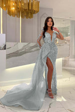 Shiny Blue Split Long Sleeves Mermaid Beaded Prom Dress Appliques Tulle