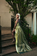 Modern Sage Green Sweetheart Prom Dress High Split Long With Pleats Lace-Up