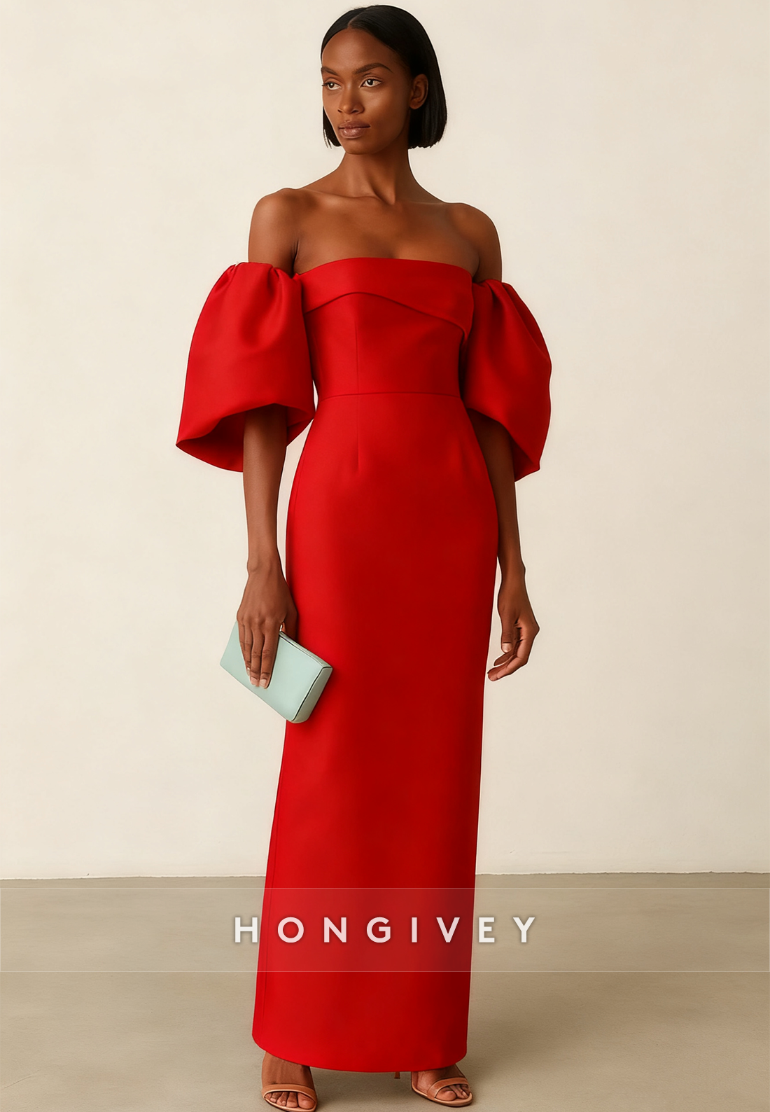 Off the Shoulder Satin Half Sleeves Column Ankle-Length Evening Gown