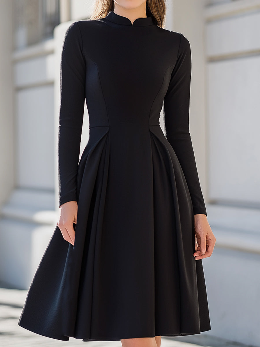 Black Minimalist Long-Sleeve Flared Midi Evening Dress