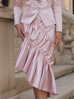 Tailored Pink Satin Blazer And Ruffled Skirt Set Formal Gowns