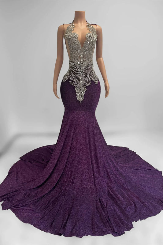 Purple Scoop Mermaid Prom Dress Sleeveless With Beadings Crystals