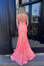 Charming Mermaid V Neck Coral Sequins Long Prom Dresses