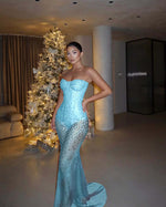 Red Tulle Strapless Sleeveless Long Mermaid Prom Dress With Sequins And Corset