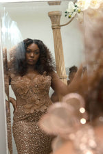 Coffee Off-the-Shoulder Mermaid Prom Dress Long With Sequins Beads Lace-up Back