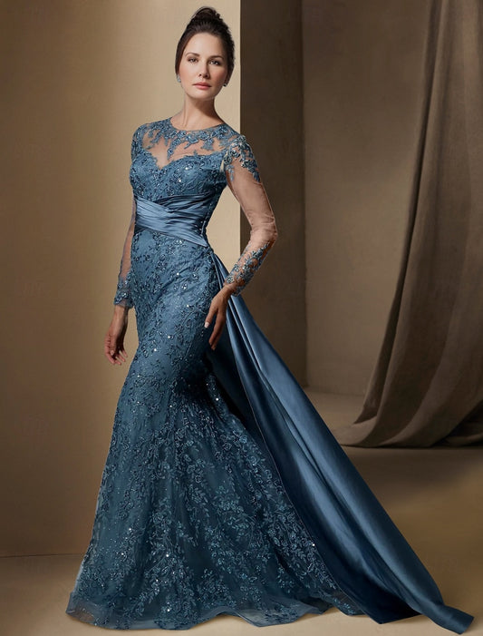 Lace Applique Long Sleeve Mermaid Court Train Evening Dress