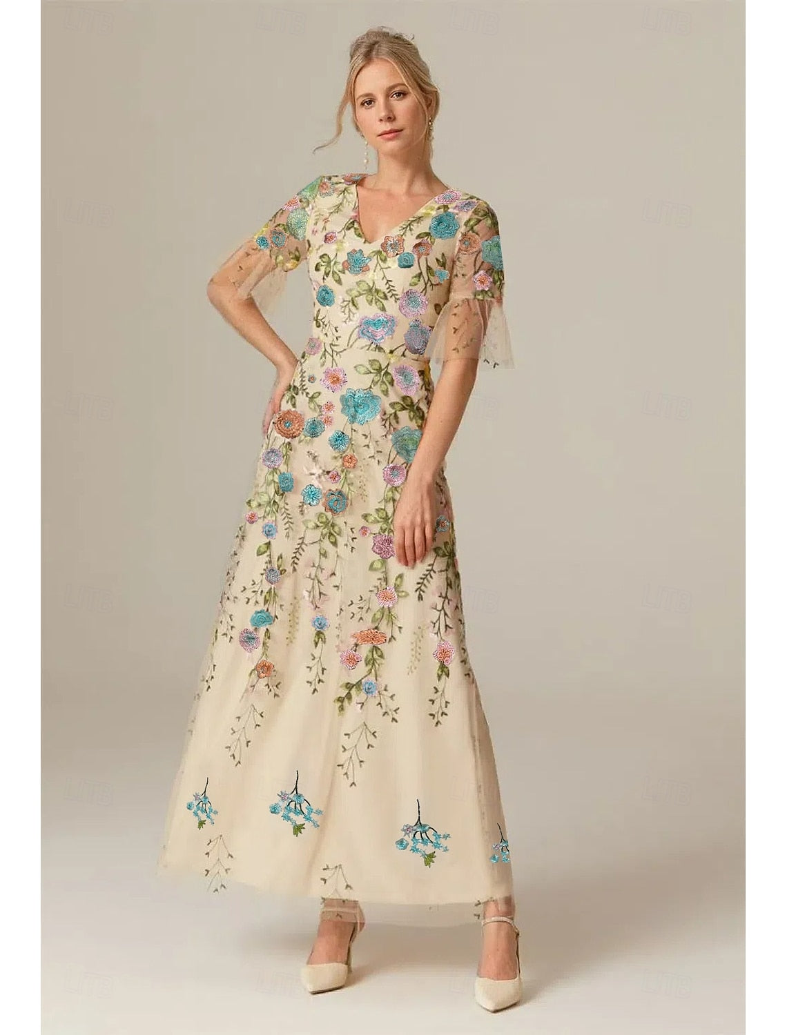 Flowers Applique Half Sleeve A-Line Ankle-Length Evening Dress