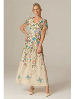 Flowers Applique Half Sleeve A-Line Ankle-Length Evening Dress