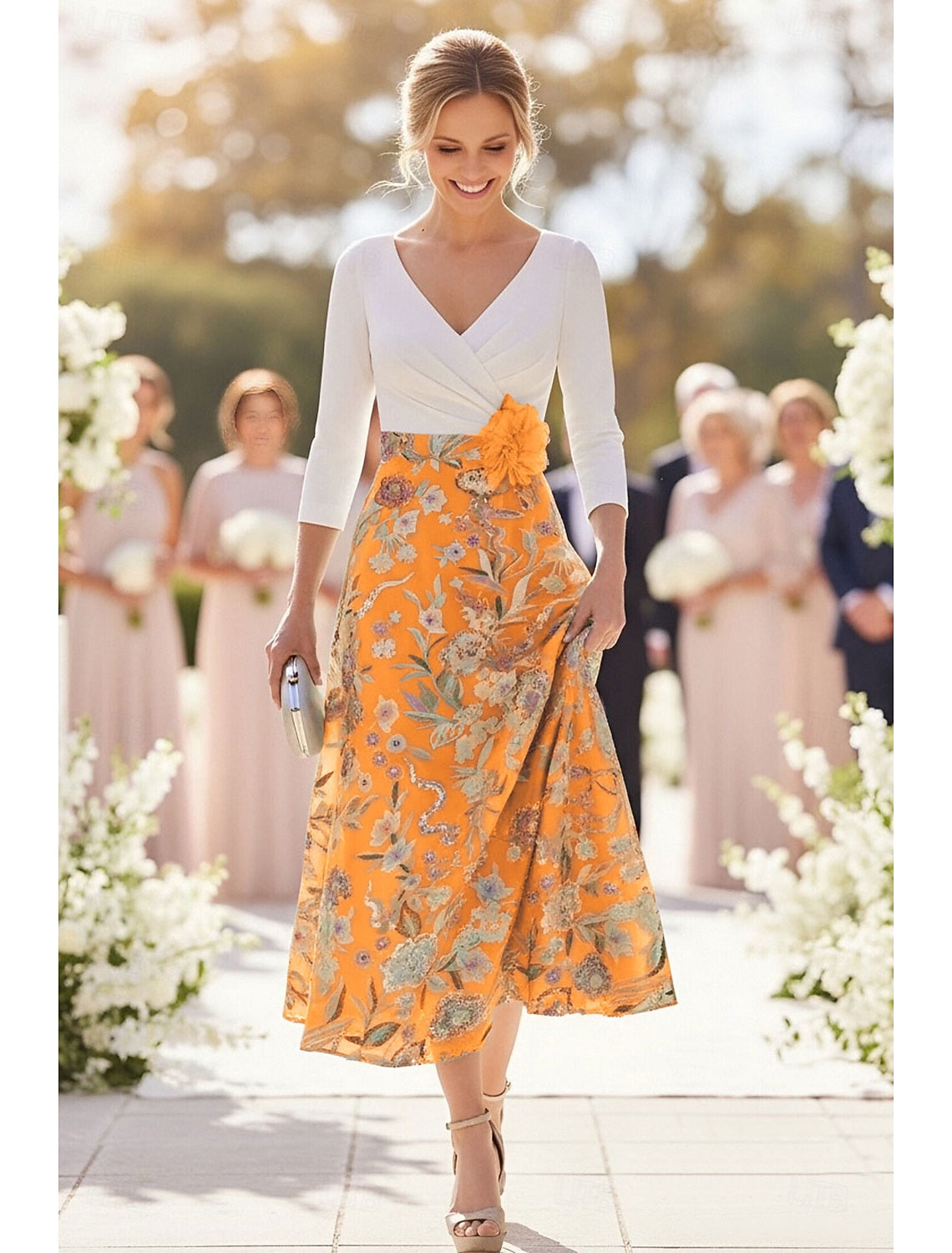 Flowers Floral Print V-Neck Long Sleeve A-Line Evening Dress Tea-Length