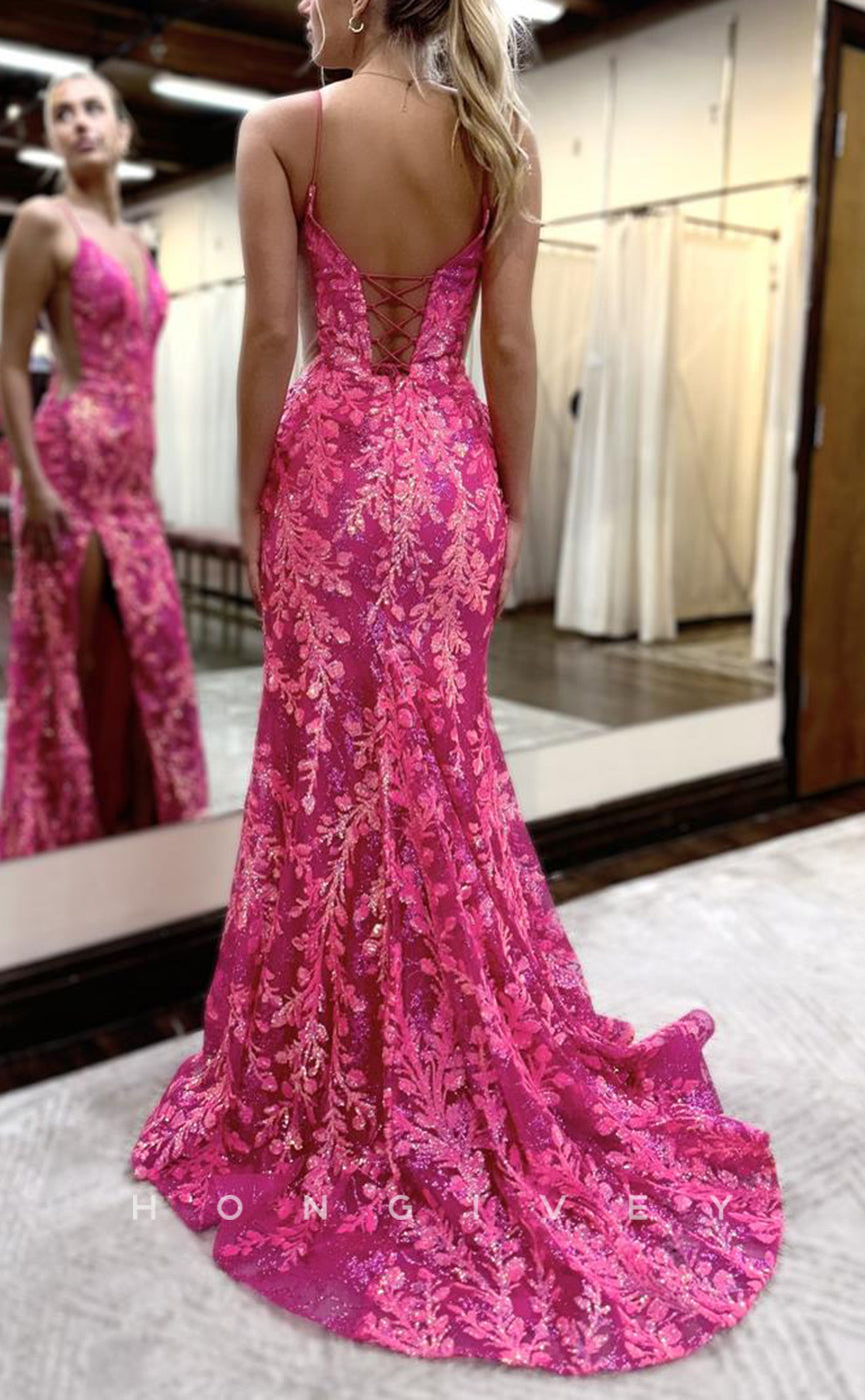 L2789 - V-Neck Spaghetti Straps Lace Applique With Side Slit Party Prom Evening Dress