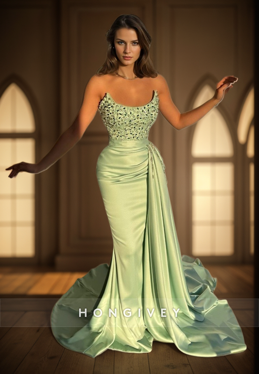 L2980 - Trumpet Bateau Strapless Beaded With Train Party Prom Evening Dress