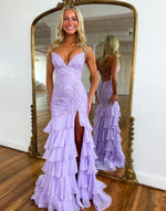 Women's Mermaid Chiffon Ruffles Prom Dresses Long Lace Appliqued Evening Gowns