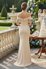 Champagne Off the Shoulder Sheath Mother of the Bride Dress with Appliques