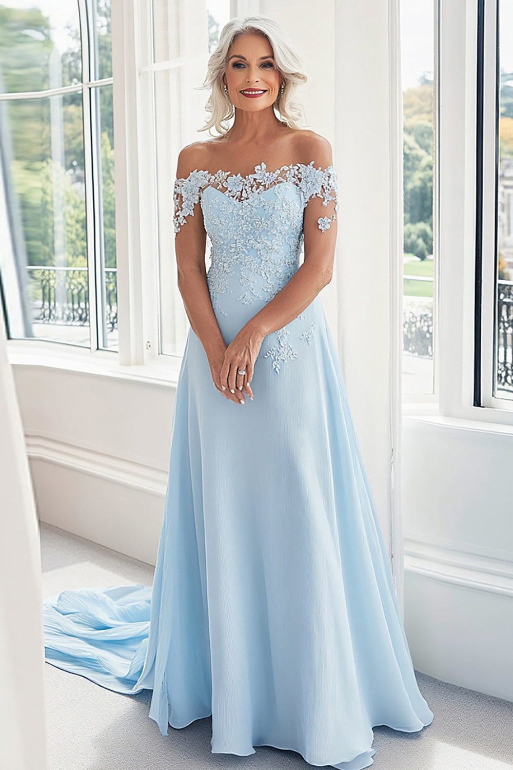 Sky Blue A Line Off The Shoulder Lace Appliques Mother of the Bride Dress