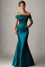 Peacock Blue Satin Mermaid Off The Shoulder Ruched Long Formal Dress