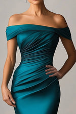 Peacock Blue Satin Mermaid Off The Shoulder Ruched Long Formal Dress