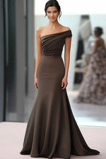 Coffee One Shoulder Crepe Mermaid Long Ruched Gala Dress