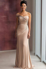 Light Khaki Sheath Jersey One Shoulder Pleated Long Gala Dress