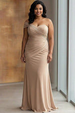 Light Khaki Sheath Jersey One Shoulder Pleated Long Gala Dress
