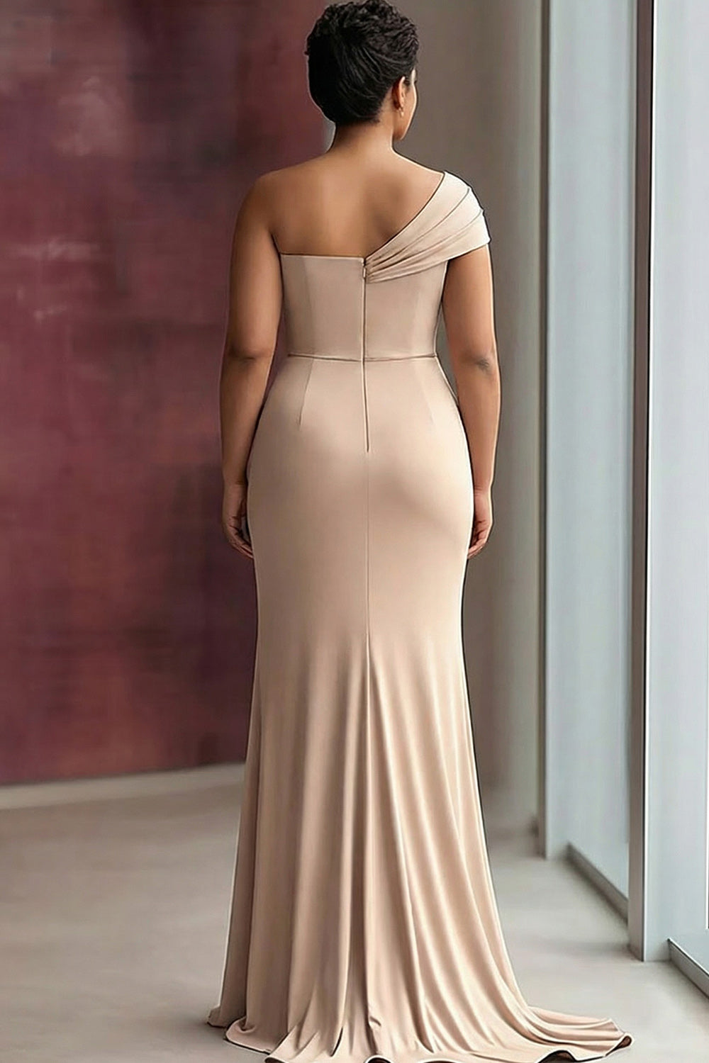 Light Khaki Sheath Jersey One Shoulder Pleated Long Gala Dress