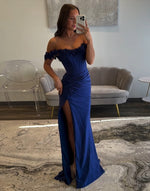 Light Blue Corset Slit Long Prom Dress with 3D Flowers Sheath Evening Gowns