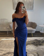 Light Blue Corset Slit Long Prom Dress with 3D Flowers Sheath Evening Gowns