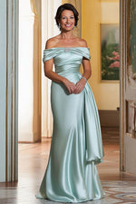 Satin Mint Sheath Off the Shoulder Long Mother of the Bride Dress