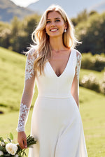 Ivory Satin Deep V-Neck Sweep Train Wedding Jumpsuits with Lace