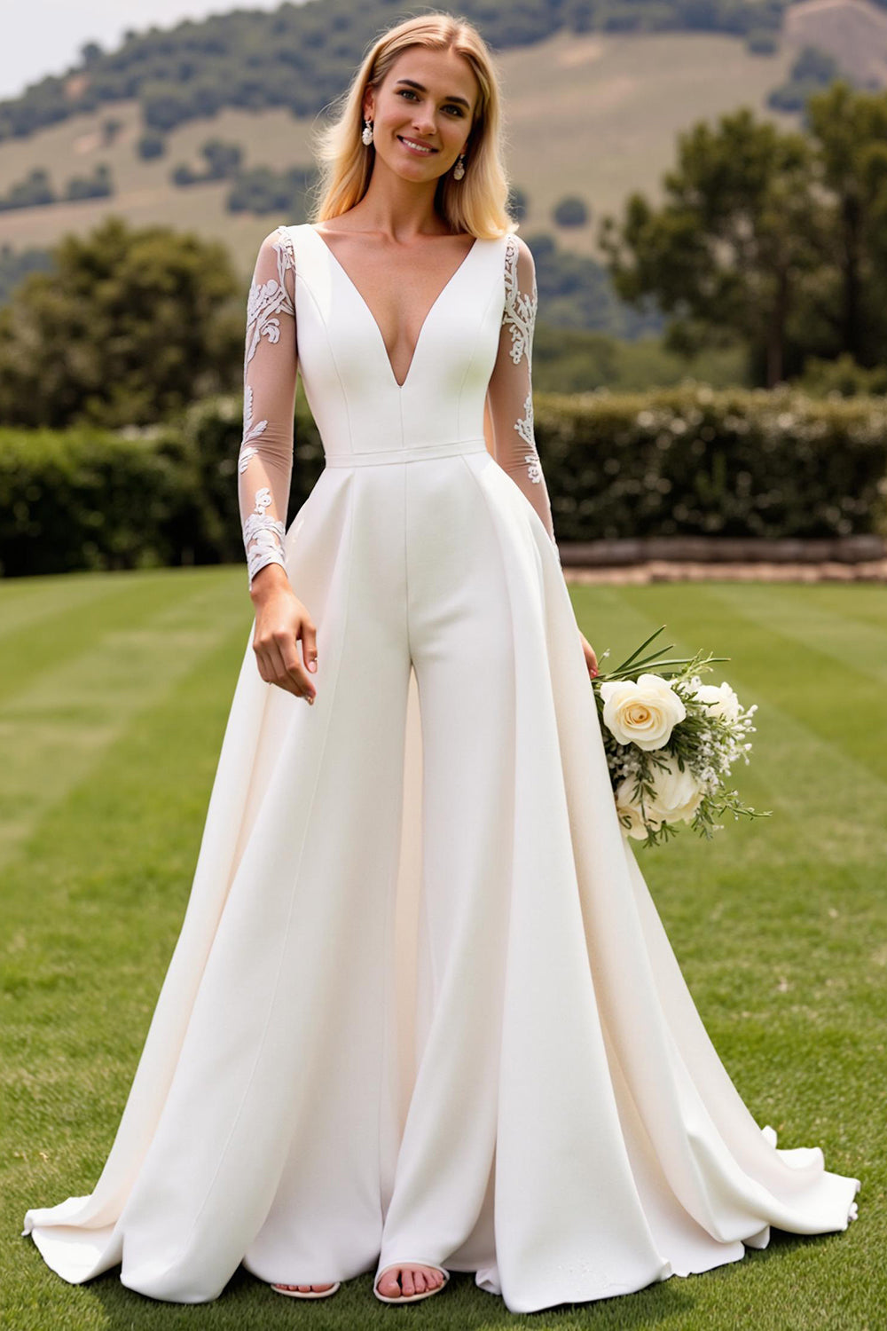 Ivory Satin Deep V-Neck Sweep Train Wedding Jumpsuits with Lace