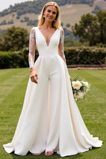 Ivory Satin Deep V-Neck Sweep Train Wedding Jumpsuits with Lace