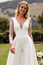 Ivory Satin Deep V-Neck Sweep Train Wedding Jumpsuits with Lace