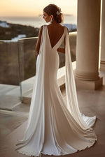 Simple Ivory Satin V Neck Mermaid Watteau Train Wedding Dress