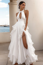A Line White Keyhole Long Rehearsal Dinner Dress with Slit