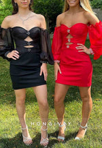 Off the Shoulder Long Sleeves Sweetheart Mini Homecoming Dresses with Keyhole