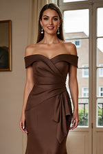 Brown Satin Off the Shoulder Long Mother of the Bride Dress with Ruched