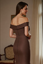 Brown Satin Off the Shoulder Long Mother of the Bride Dress with Ruched